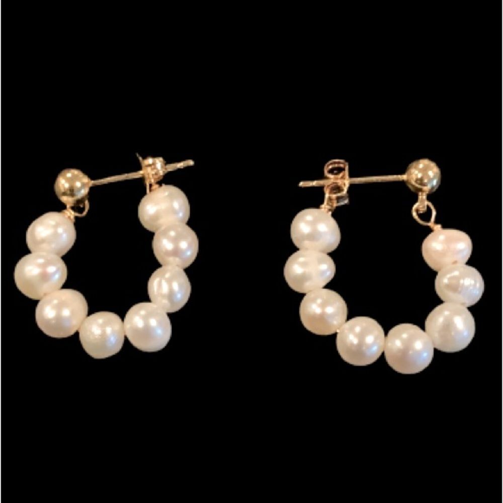 Genuine Freshwater Pearl Earrings 18k Gold Plated Sterling Silver Hoops